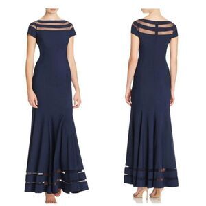 JS Collections Size 4 Navy Blue Illusion Panel Mesh Full Length Gown‎ Dress
